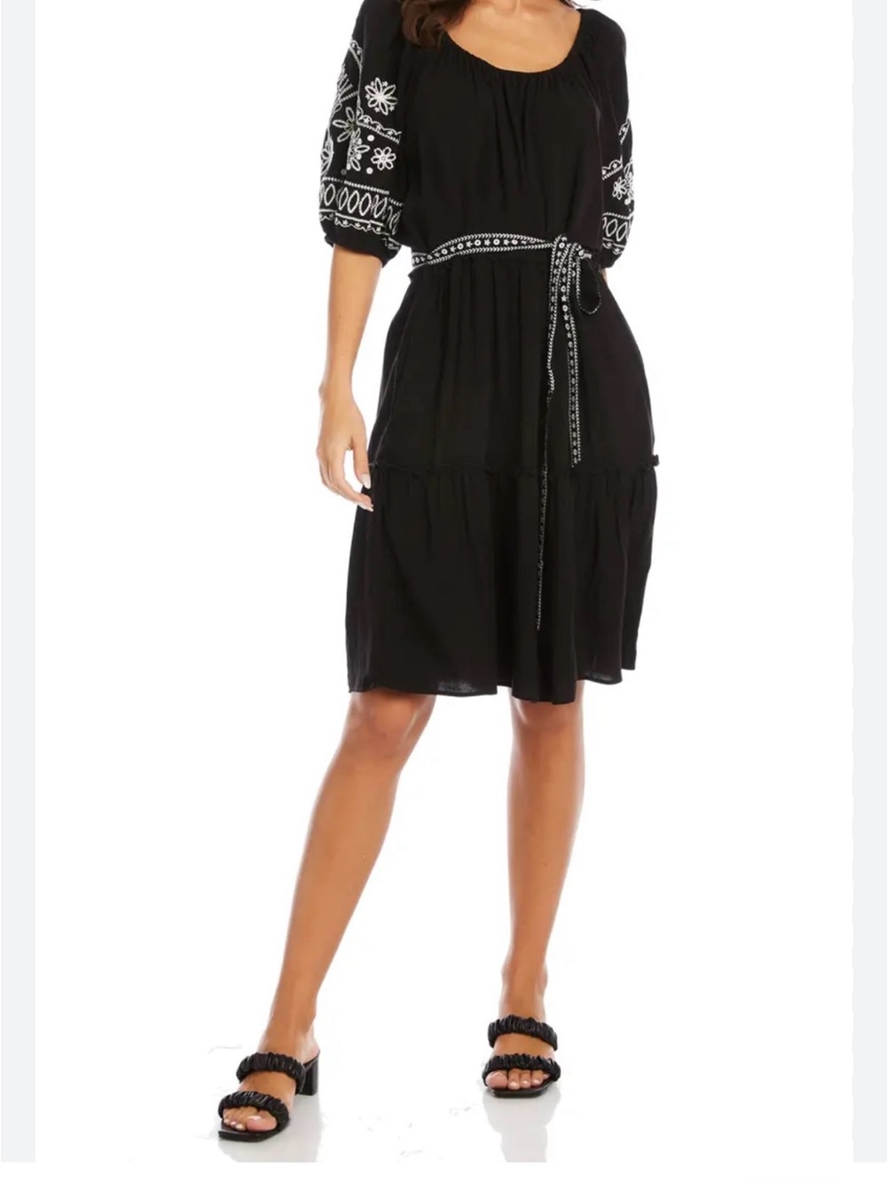 Karen Kane Black Midi Dress with White Embroidered Sleeves